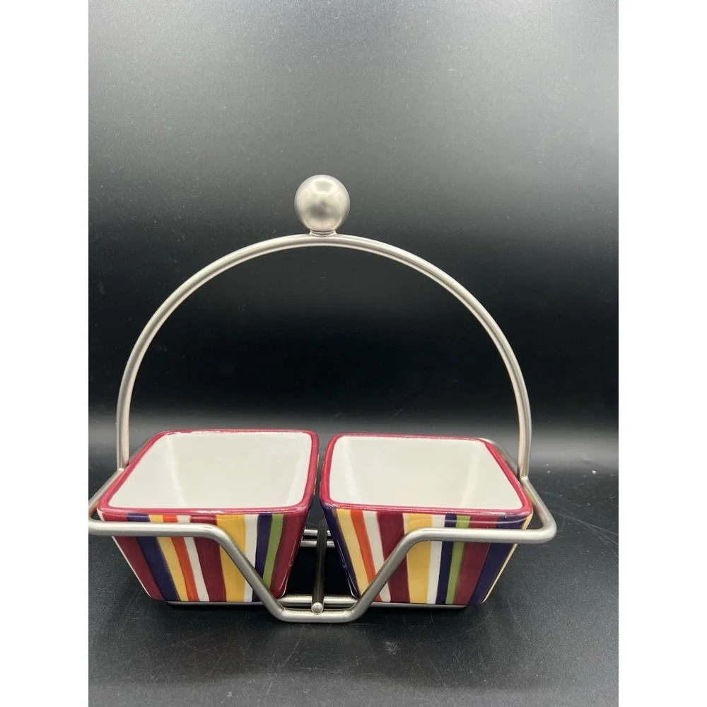 🍽️Pampered Chef Simple‎ Additions Small Bowl Caddy w/ 2 Striped Bowls – NIB